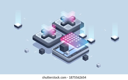 Web design and development. Mobile application development, Programmer and engineering isometric illustration.