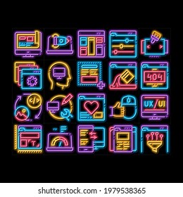 Web Design Development neon light sign vector. Glowing bright icon  Creative Web Design Studio Tool And Settings, Error Message And Filtering Data Illustrations