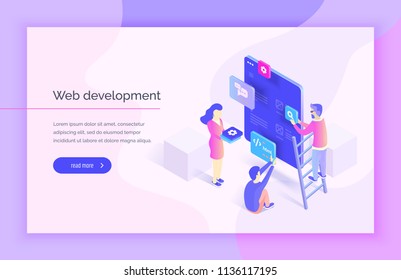 Web design, development. People interact with parts of the interface, creating an interface for the mobile application. Modern vector illustration isometric style.