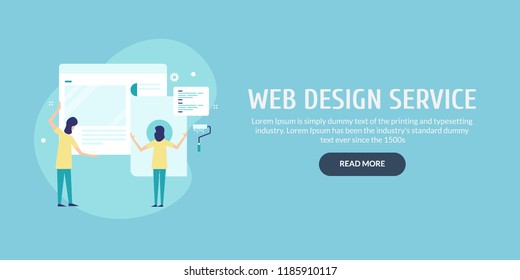 Web design development, People offering web design service, website re-design flat design vector with icons and characters