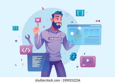 Web design and development, programmer  and coding website or app. project engineer,programming software, application design,  developer, cartoon, Illustration, AR, VR, technology, Screen, character.