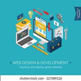 Web Design, Development, Programming, Coding, Mockup Flat 3d Isometric Modern Design Concept. Vector Objects Icon Set. Laptop Code, Desktop Interface. Web Illustration And Website Infographics Element