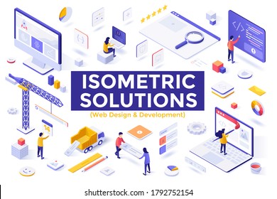 Web Design and Development set - software developers and designers working on website design, user interface. Collection of isometric design elements isolated on white background. Vector illustration.