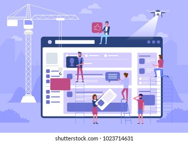 Web design and development. Site under construction. A team of young professionals working on a landing page. Flat vector illustration, clip art. Millennials at work. Digital creative industry.