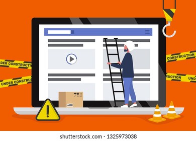 Web design and development. Site under construction. Young indian male professional working on a landing page. Flat vector illustration, clip art. Millennials at work. Digital creative industry.
