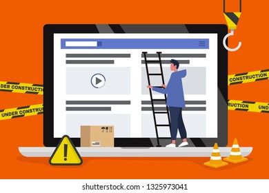 Web design and development. Site under construction. Young male professional working on a landing page. Flat vector illustration, clip art. Millennials at work. Digital creative industry.