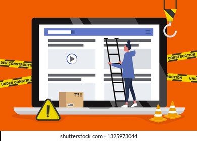 Web design and development. Site under construction. Young female professional working on a landing page. Flat vector illustration, clip art. Millennials at work. Digital creative industry.