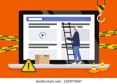 Web design and development. Site under construction. A young male professional working on a landing page. Flat vector illustration, clip art. Millennials at work. Digital creative industry.