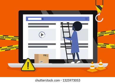 Web design and development. Site under construction. A young male professional working on a landing page. Flat vector illustration, clip art. Millennials at work. Digital creative industry.