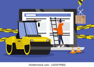 Web design and development. Site under construction. Young professional working on a landing page. Flat vector illustration, clip art. Millennials at work. Asphalt paver. Digital creative industry.