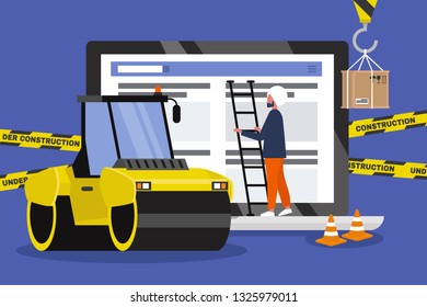 Web design and development. Site under construction. Young professional working on a landing page. Flat vector illustration, clip art. Millennials at work. Asphalt paver. Digital creative industry.