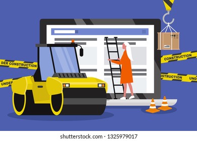 Web design and development. Site under construction. Young professional working on a landing page. Flat vector illustration, clip art. Millennials at work. Asphalt paver. Digital creative industry.