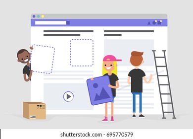 Web design and development. Site under construction. A team of young professionals working on a landing page. Flat vector illustration, clip art. Millennials at work. Digital creative industry.