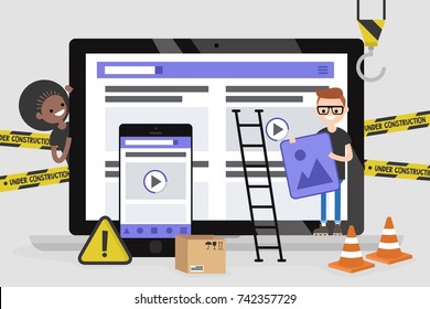 Web design and development. Site under construction. A team of young professionals working on a landing page. Flat vector illustration, clip art. Millennials at work. Digital creative industry.