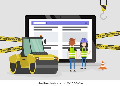 Web design and development. Site under construction. A team of young professionals working on a landing page. Flat vector illustration, clip art. Millennials at work. Digital creative industry.