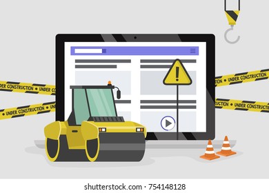 Web design and development. Site under construction. Asphalt paver, orange cones and yellow police tape. Flat vector illustration, clip art. Digital creative industry, conceptual illustration.