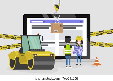 Web design and development. Site under construction. A team of young professionals working on a landing page. Flat vector illustration, clip art. Millennials at work. Digital creative industry.