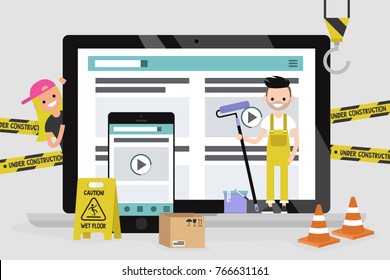 Web design and development. Site under construction. A team of young professionals working on a landing page. Flat vector illustration, clip art. Millennials at work. Digital creative industry.