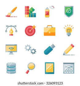 Web design and development vector icons set flat style