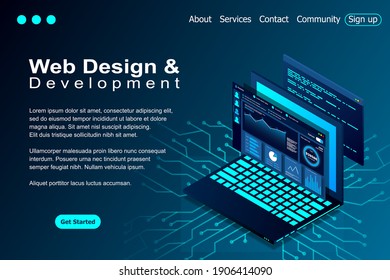 Web design and development vector isometric illustrations. web design development concept programming language program code big data processing on laptop screen. Vector illustration