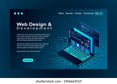 Web design and development vector isometric illustrations. web design development concept programming language program code big data processing on laptop screen. Vector illustration