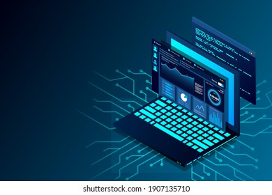 Web design and development vector isometric illustrations. web design development concept programming language program code big data processing on laptop screen. Vector illustration