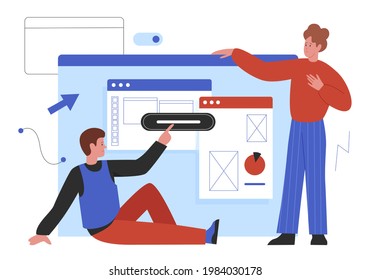 Web design development, website project process creation vector illustration. Cartoon man developer designer characters create digital application, work on site construction together isolated on white
