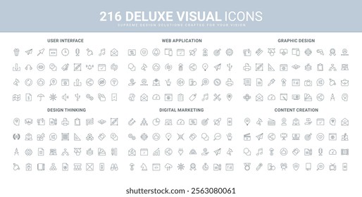 Web design and digital content creation using designer tools, marketing services line icon set. Mobile application interface and software settings thin black outline symbols vector illustration