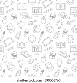 Web design, education, art or school simple texture. Flat thin line seamless pattern, vector background for website banner of header. Brush, diamond, bulb original unusual pattern