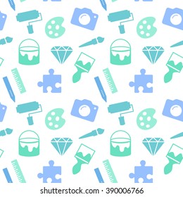Web design, education, art or school simple texture. Flat thin line seamless pattern, vector background for website banner of header. Brush, diamond, bulb original unusual pattern