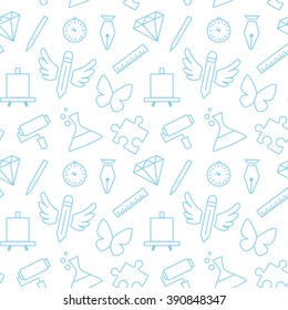 Web design, education, art or school simple texture. Flat thin line seamless pattern, vector background for website banner of header. Brush, diamond, bulb original unusual pattern