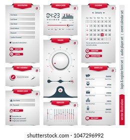 web design elements containing UI, UX components: login and register, audio player, event calendar sets, well designed forms for a company, business presentation, eps10 vector illustration, 3d style