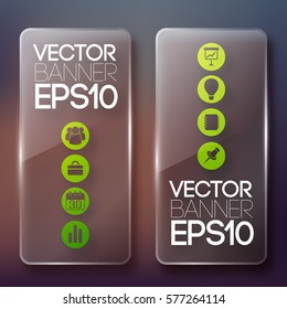 Web design elements with glass transparent vertical banners green circles and business icons isolated vector illustration