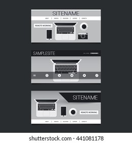 Web Design Elements - Header Design Set with Abstract SIlver Grey Modern Flat Style Technology, Freelance Work Theme, Mobile Office, Notebook PC and Devices