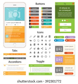 Web design elements for website or app. Collection of icons, buttons with tabs and toggles for website. Design for application.