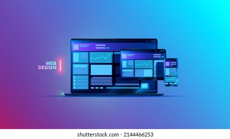 Web design flat concept. Templates internet page of website on screen laptop tablet phone. Responsive web interface application development. Illustration of adaptation layout site on portable devices.