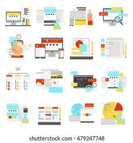 Web design flat icon set with description of website development seo analytics keywords vector illustration
