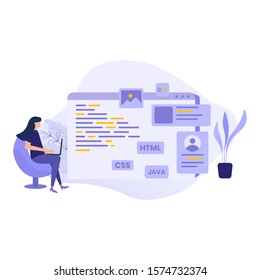 web design flat illustration vector, women sit on chair with laptop, landing page, web, banner, website