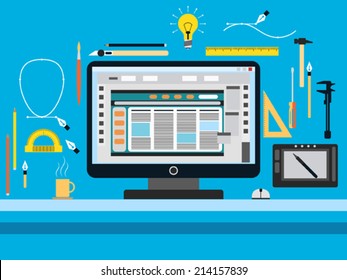 Web design flat vector illustration. A set of design equipment and tools icons.