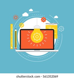 Web design flat vector illustration. Web design development, content management, logo design, graphic design, freelance work, brainstorming, creativity and portfolio concept for web banners and apps 