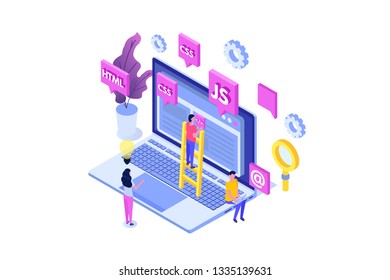 Web design and Front end development isometric concept. Vector illustration.
