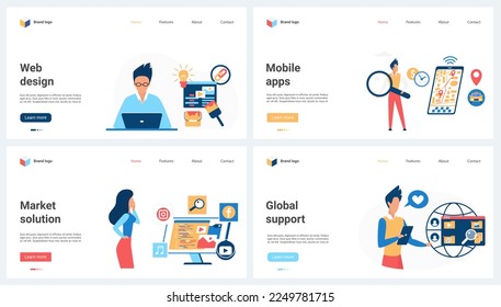 Web design, global mobile application support, market solutions set vector illustration. Cartoon tiny people work with magnifying glass and laptop for apps and modern website content development