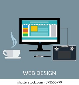 Web design graphic tablet and tool. Tablet graphic, pen graphic tablet, equipment digital drawing, device pencil, monitor tablet design, workspace and paint screen vector illustration