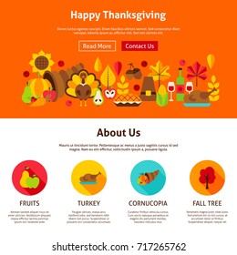Web Design Happy Thanksgiving. Vector Illustration of Website Banner. Fall Holiday Concept.