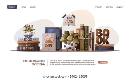 Web design with heap of books, potted plants and wooden word "book". Bookstore, bookshop, book lover, reading, interior concept. Vector illustration for website, banner, promo.