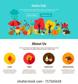 Web Design Hello Fall. Vector Illustration of Website Banner. Autumn Seasonal Concept.