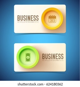 Web design horizontal banners with colorful round buttons and business icons on blue background isolated vector illustration