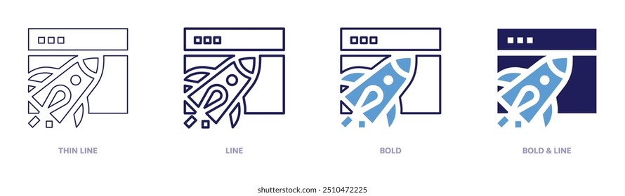 Icono de Diseño web en 4 estilos diferentes. Línea delgada, línea, negrita y línea negrita. Estilo duotono. Trazo editable.