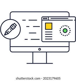 Icono de diseño web. Vector de software gráfico. Pantalla de computadora lineal con plantilla de sitio web creativa, pictograma de símbolo de marca y herramienta de lápiz de trabajo