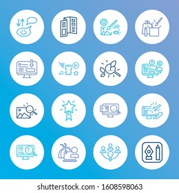 Web design icon set and freelance work with social media campaign, mobile app and creative process. Workplace related web design icon vector for web UI logo design.